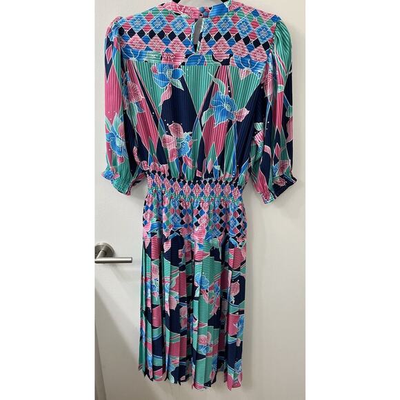 Vintage Mayeelok Blouson Dress Womens small S Colorful Floral Satin Pleated 80s‎ - Picture 5 of 6